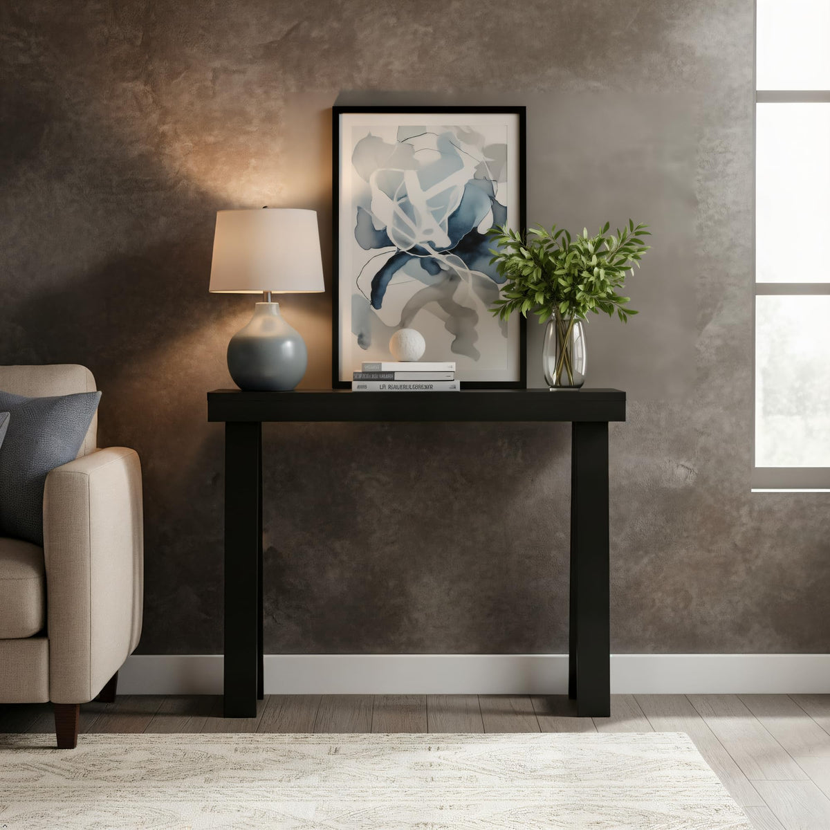 Plank+Beam knot-free pine console highlighting premium durability for living spaces