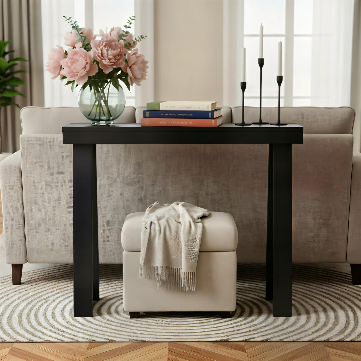 Plank+Beam neutral finish with color-matched hardware for versatile decor