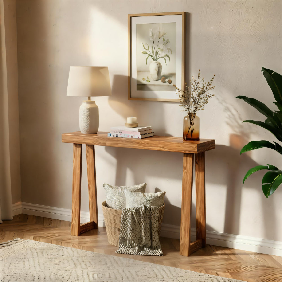 Plank+Beam pecan console 36in front view shows knot-free pine and versatile styling.