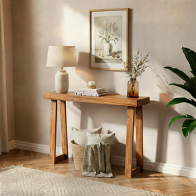 Plank+Beam pecan console 36in front view shows knot-free pine and versatile styling.