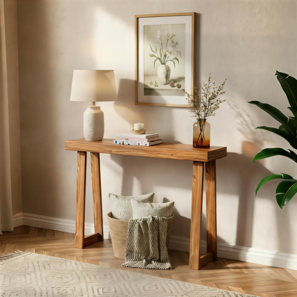 Plank+Beam pecan console 36in front view shows knot-free pine and versatile styling.