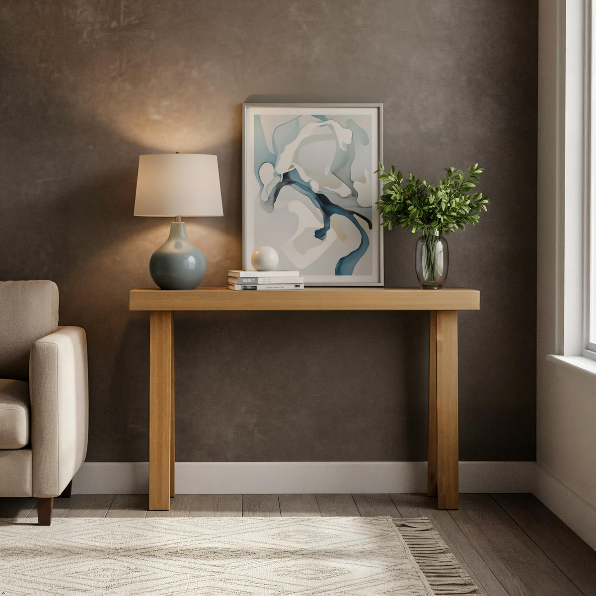 Plank+Beam pecan console 36in side view demonstrates compact footprint for tight spaces.