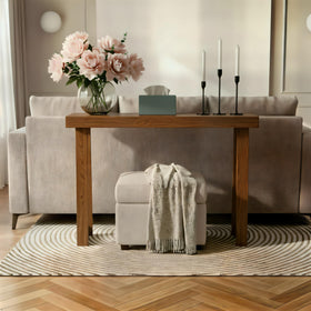 Plank+Beam pecan console closeup knot-free pine emphasizes premium craftsmanship.