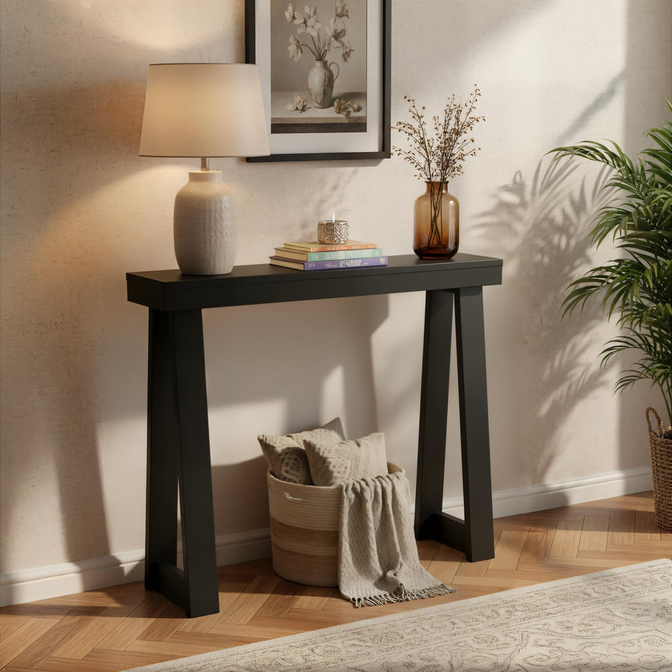 Plank+Beam solid wood console table with a 36-inch profile for hallway storage