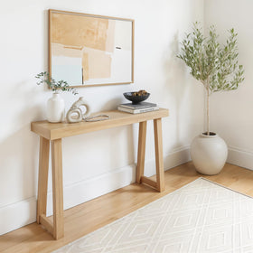 Plank+Beam solid wood console table front view with blonde finish for entryways.