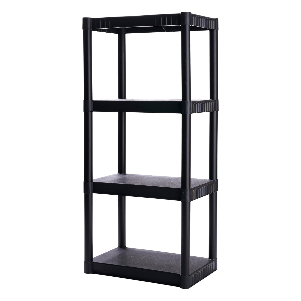 Plano 4-shelf plastic storage shelves organizing tools in a tidy garage.