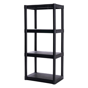 Plano 4-shelf plastic storage shelves organizing tools in a tidy garage.