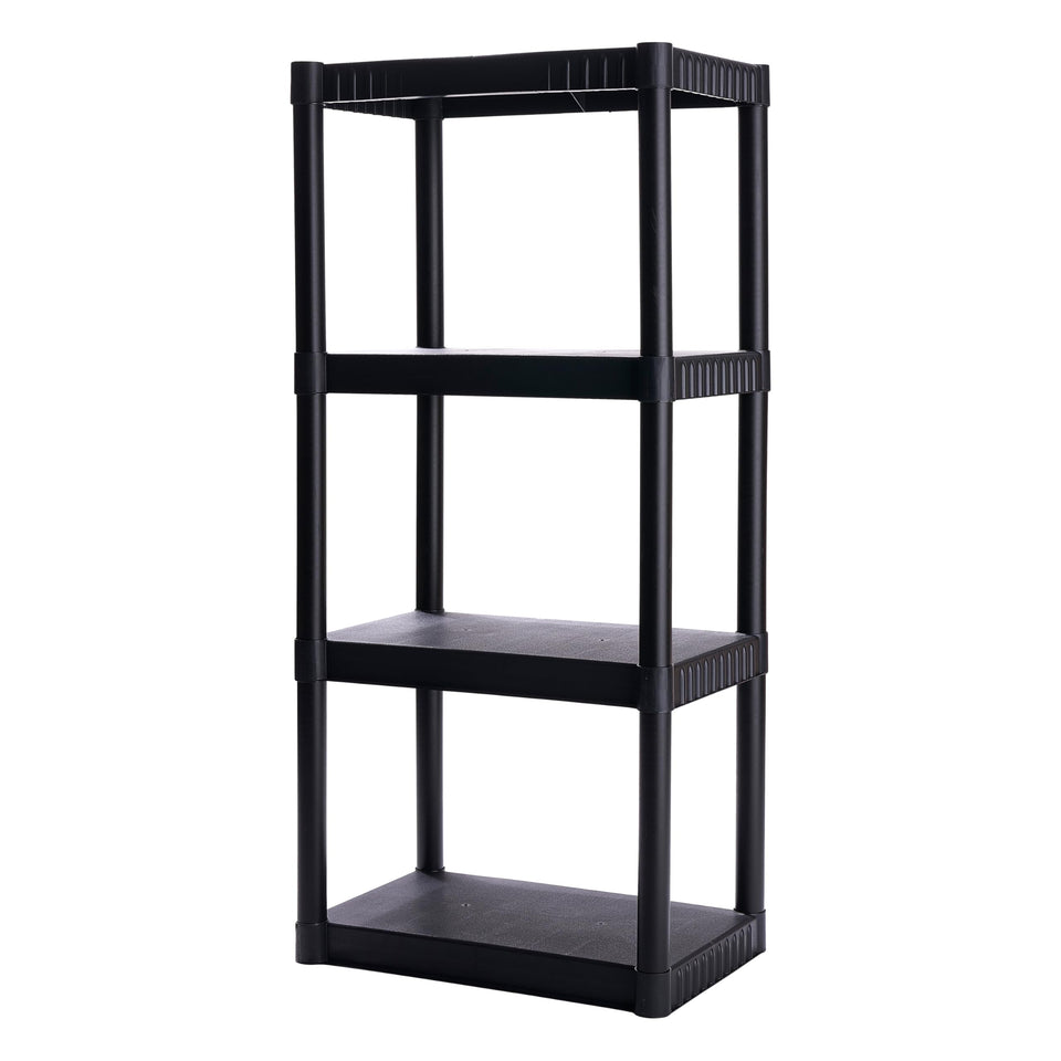 Plano 4-shelf plastic storage shelves organizing tools in a tidy garage.