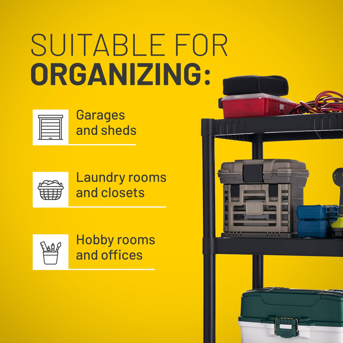 Plano easy-assembly shelving requires no tools for quick setup.