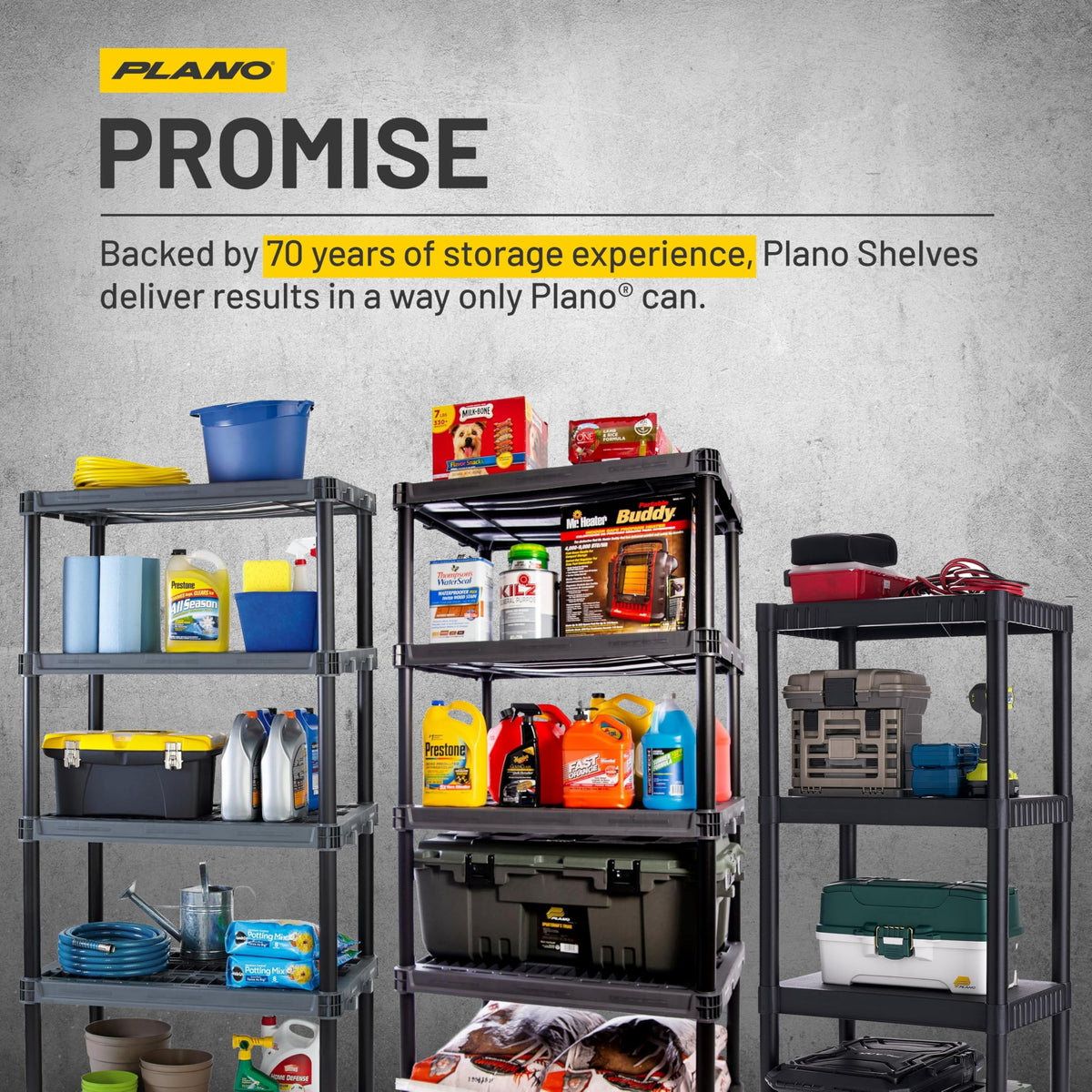 Plano garage storage shelf in use for organizing gear.