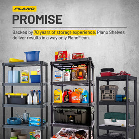Plano garage storage shelf in use for organizing gear.