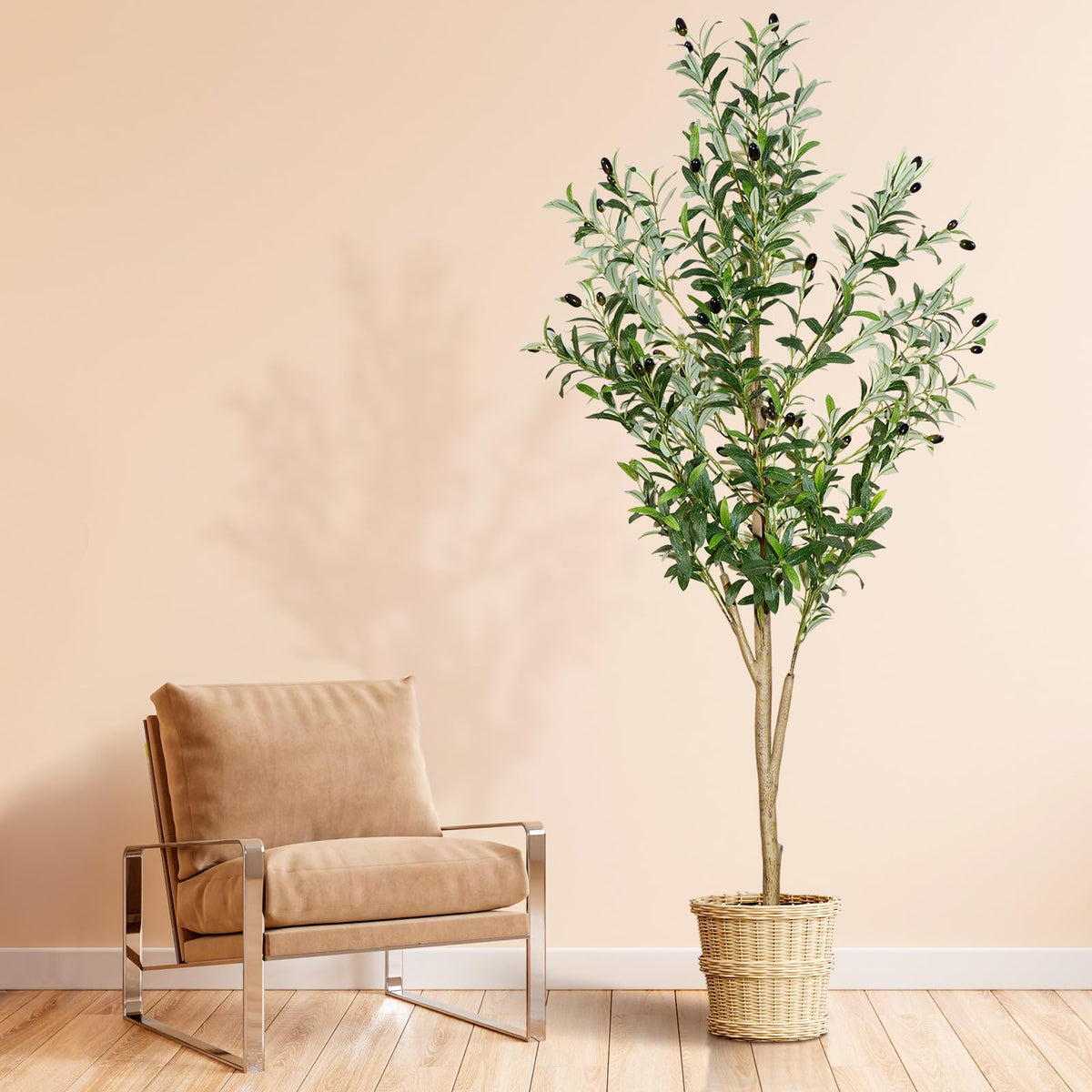 Plantsworld 6ft faux olive tree enhances living spaces with natural-looking stature.