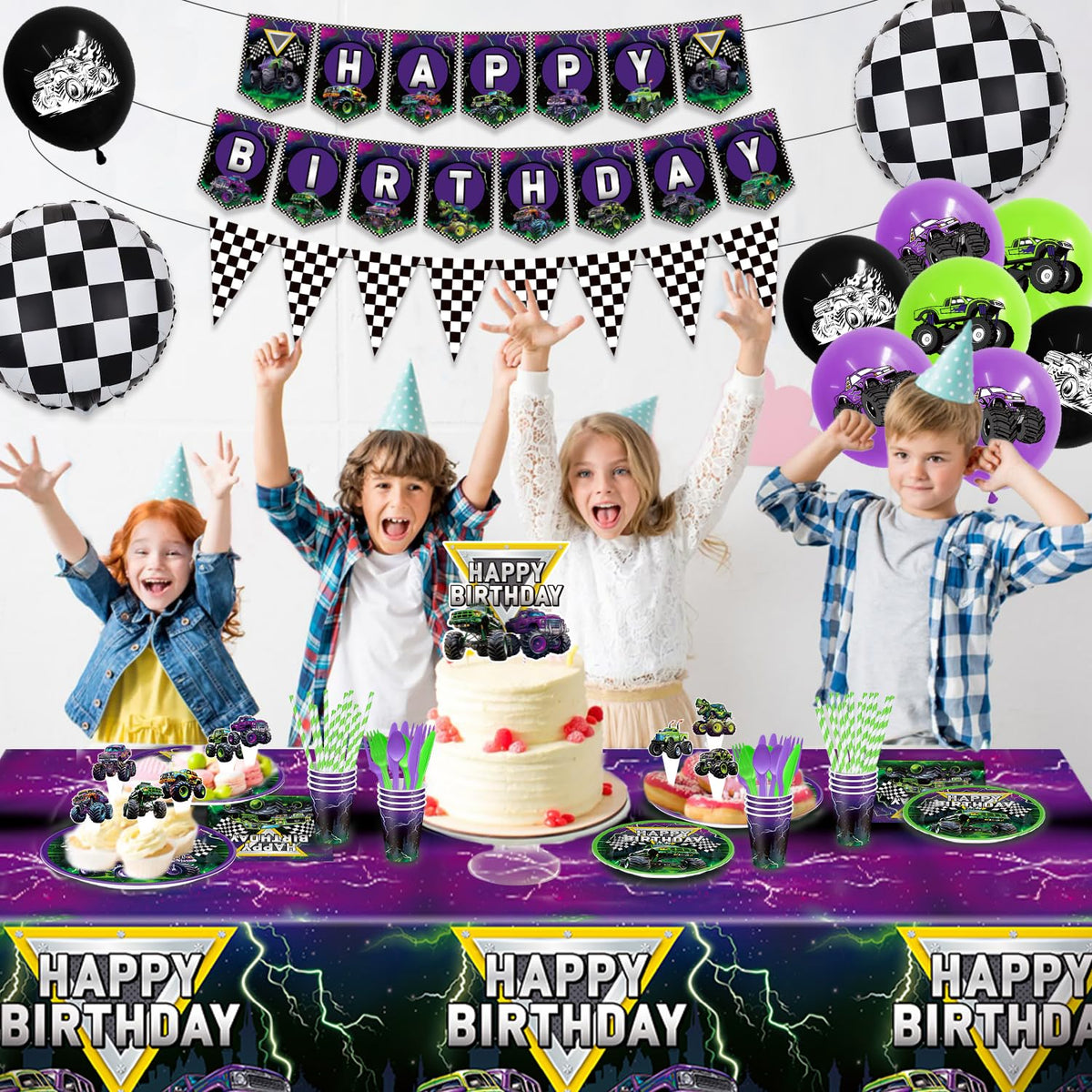 Planzivo purple green foil balloons create a shiny centerpiece for the party