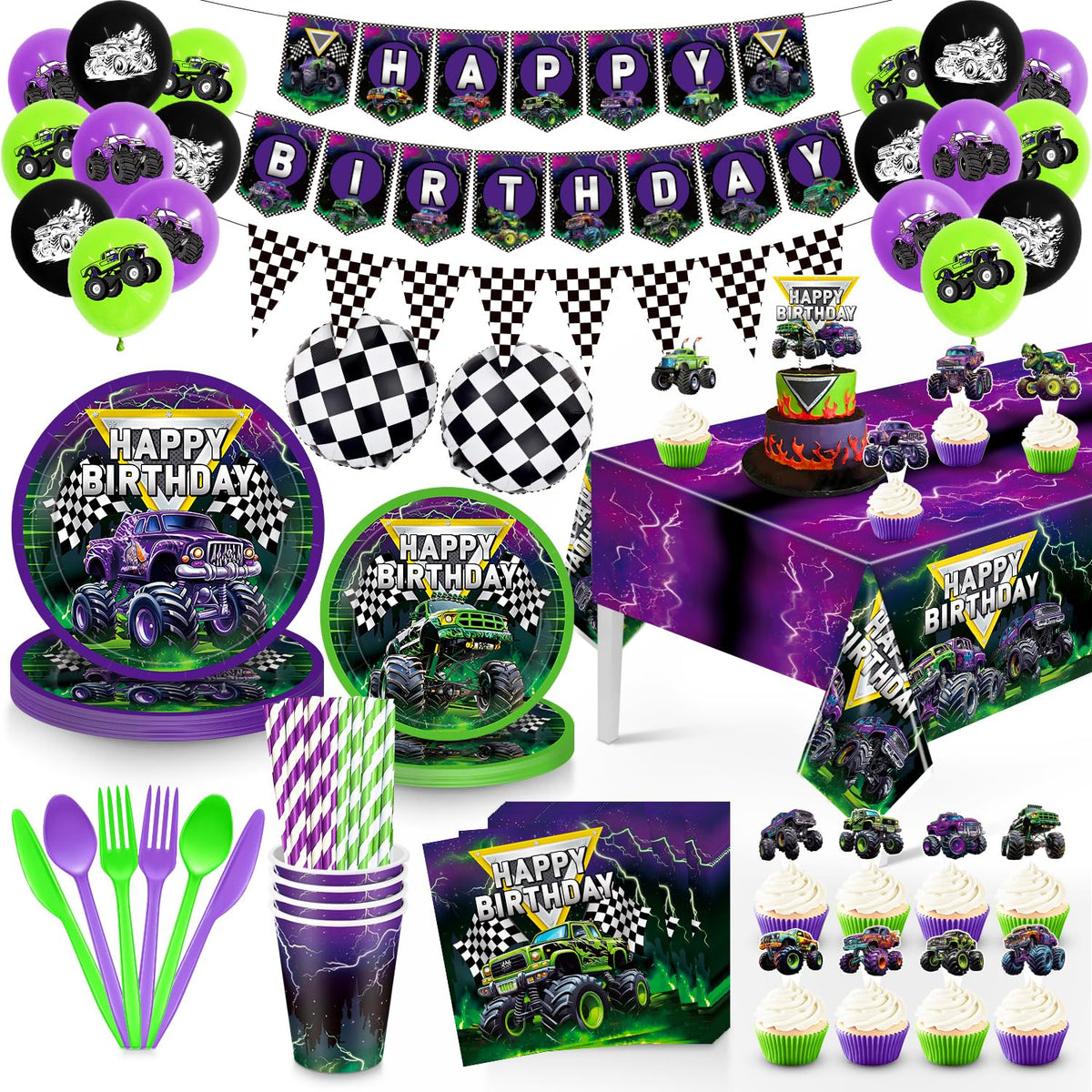 Planzivo Truck Birthday Kit balloon setup with bold purple and green balloons for a festive entry