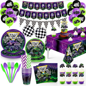 Planzivo Truck Birthday Kit balloon setup with bold purple and green balloons for a festive entry