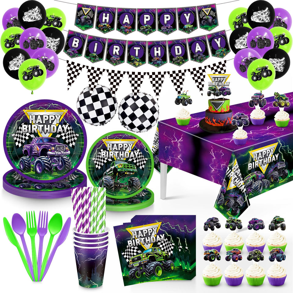 Planzivo Truck Birthday Kit balloon setup with bold purple and green balloons for a festive entry