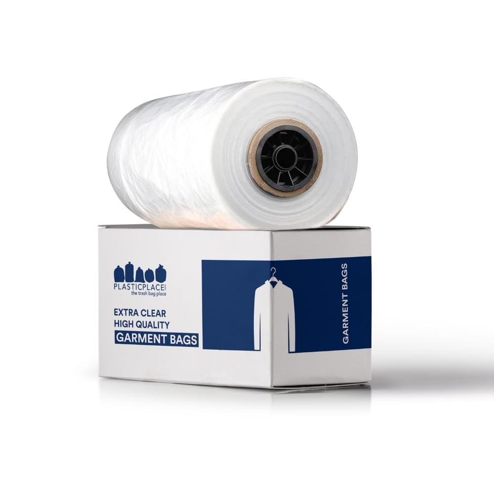 Plasticplace clear garment bags on a roll protect outfits from dust and wrinkles.