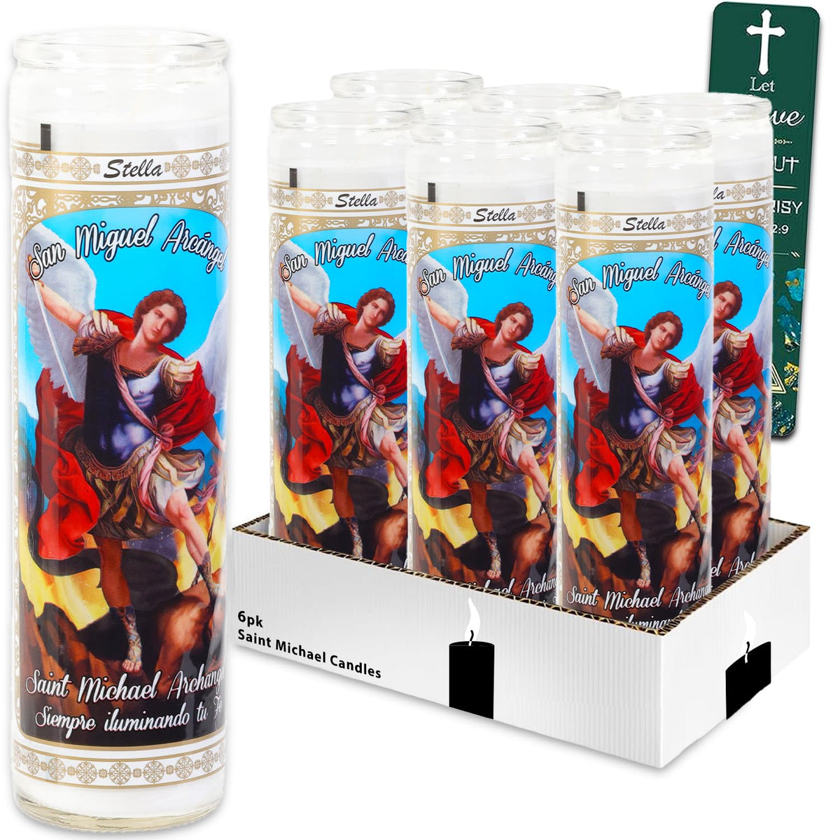 Platinum Series Saint Michael Archangel 8-inch glass candle for prayers and vigils.