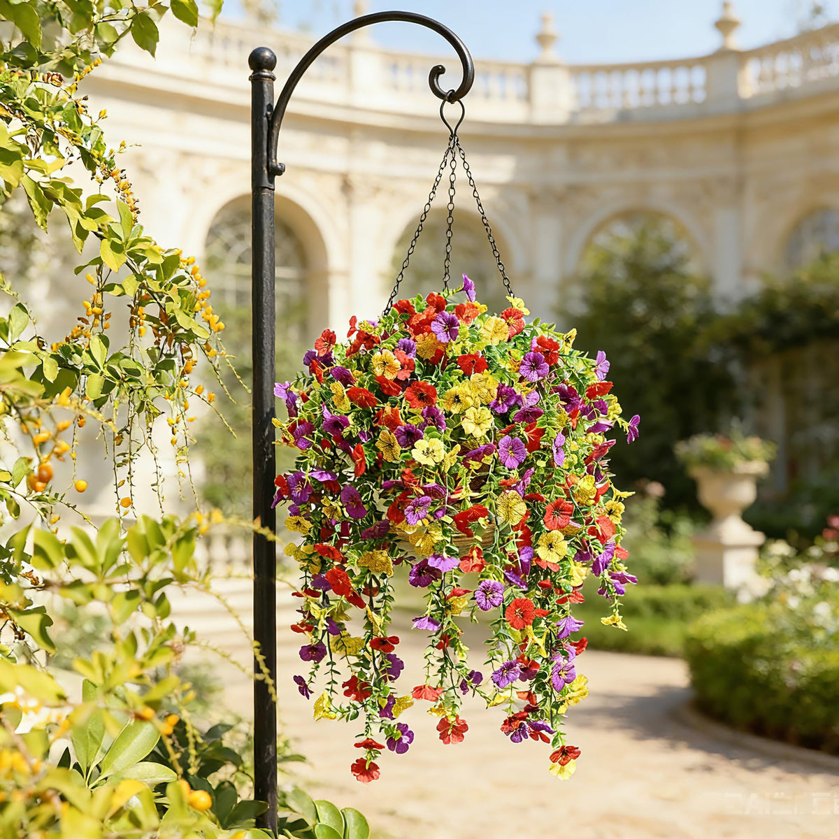 Playieer porch decor idea with mixed color faux flowers for curb appeal.