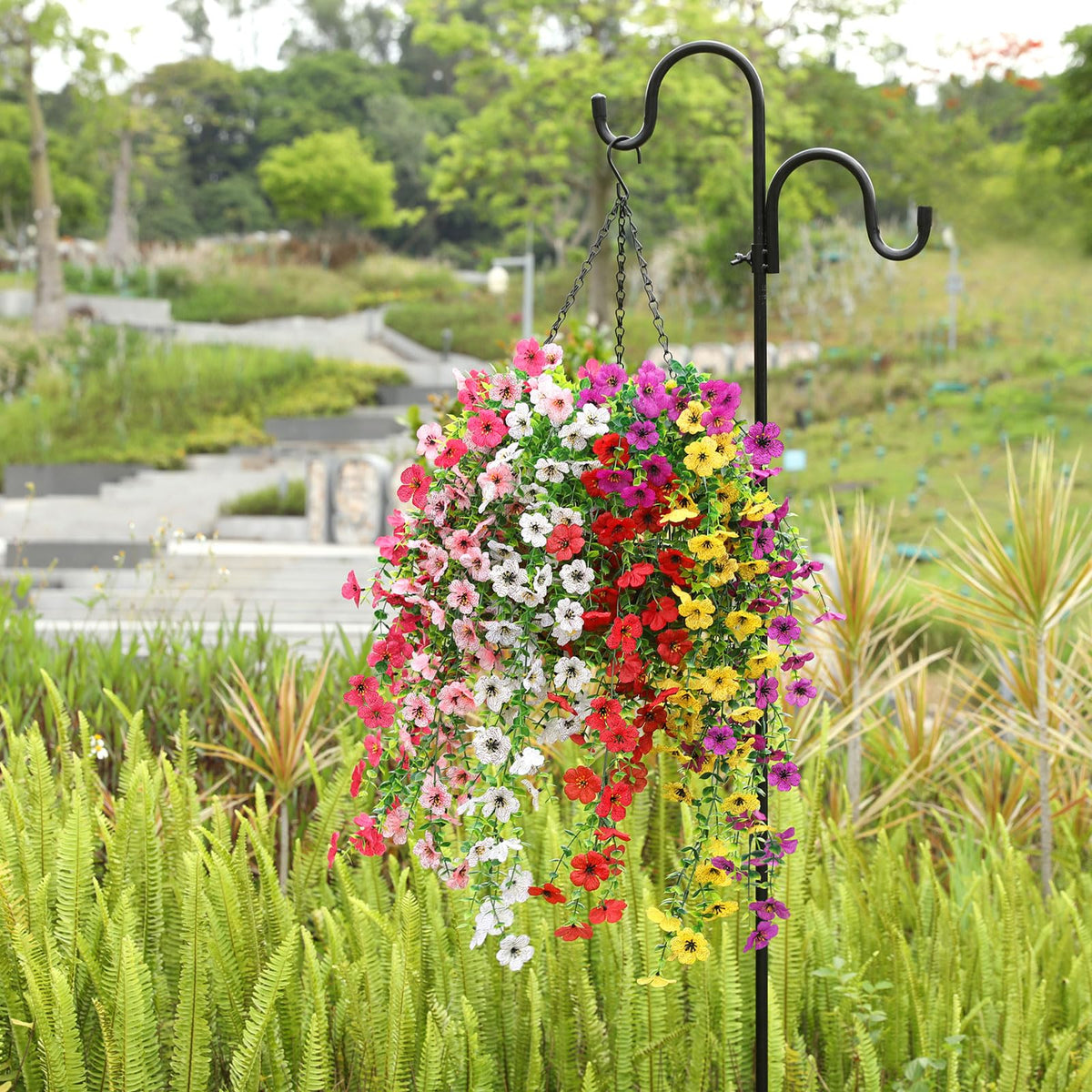Porch setup with Playieer artificial flowers for low-maintenance charm.