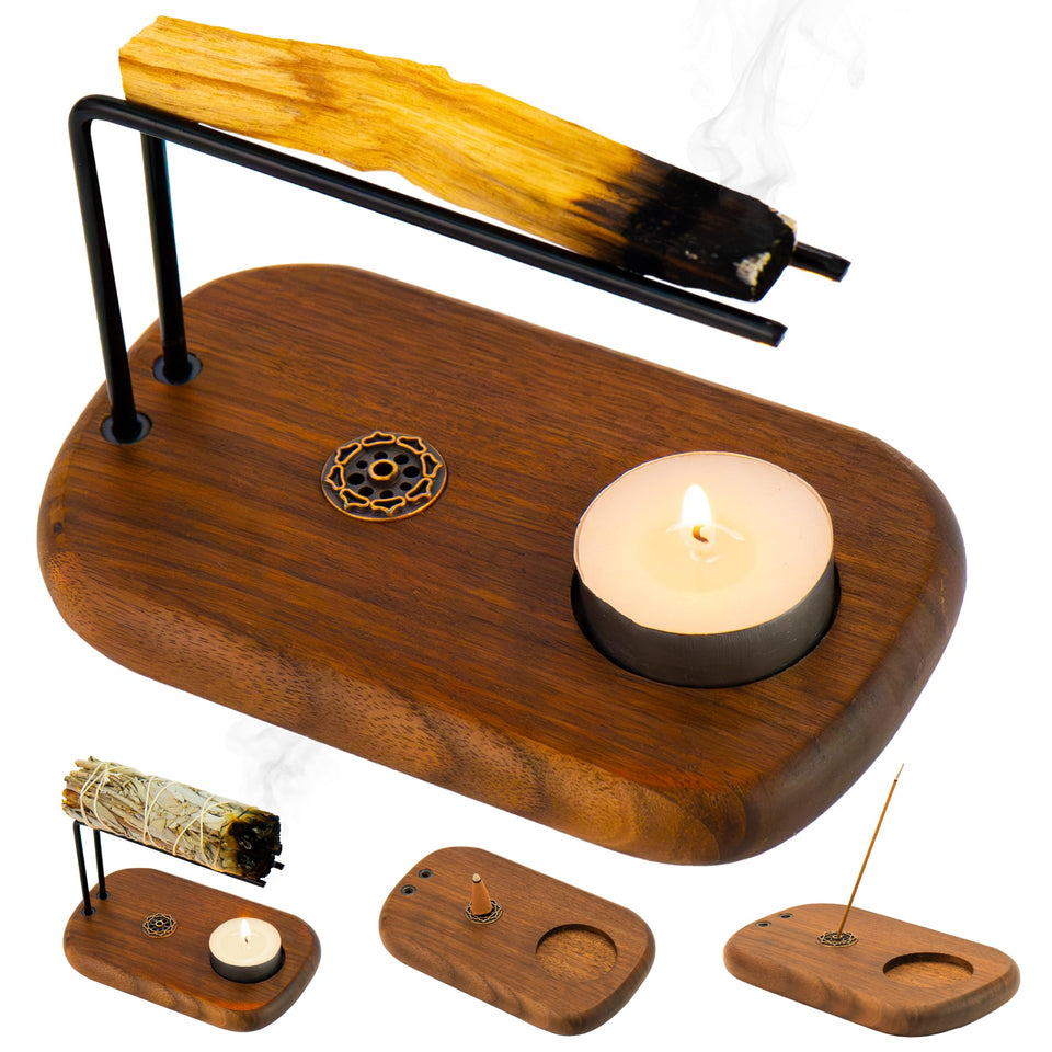 Plearty 4 in 1 walnut holder in main view for incense and sage rituals