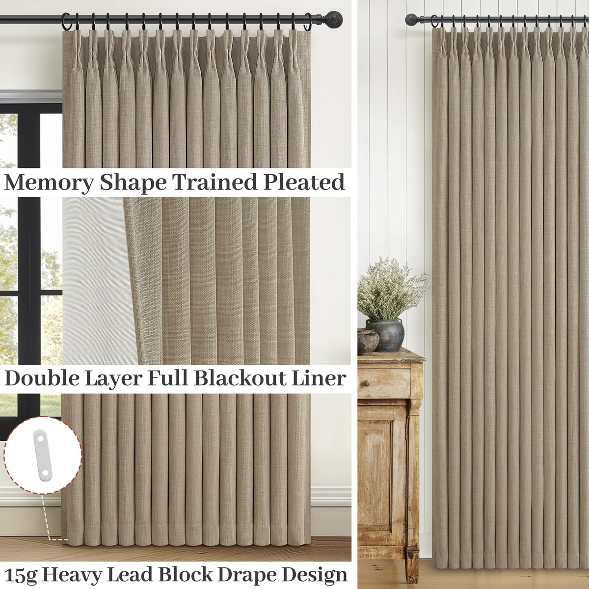 PleatedDrapes 400 GSM linen blend fabric enhances insulation and sound dampening.