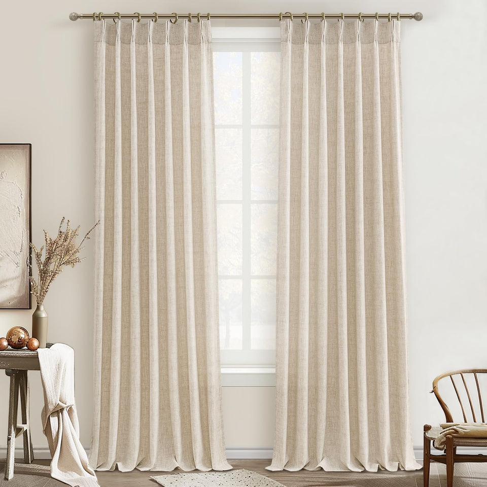PleatedDrapes cream back-tab curtains in a living room for soft privacy.