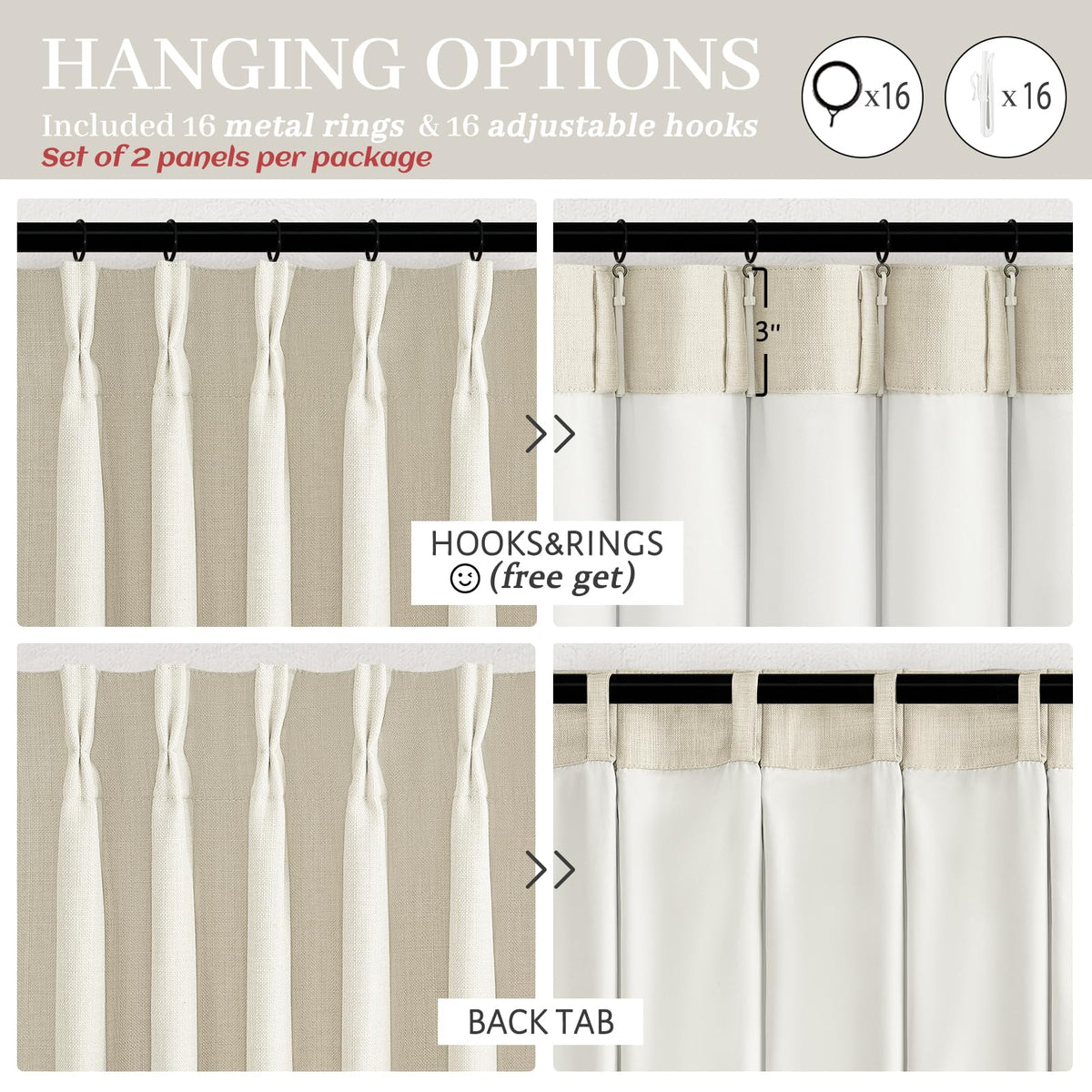PleatedDrapes versatile installation options with hooks, rings, or track