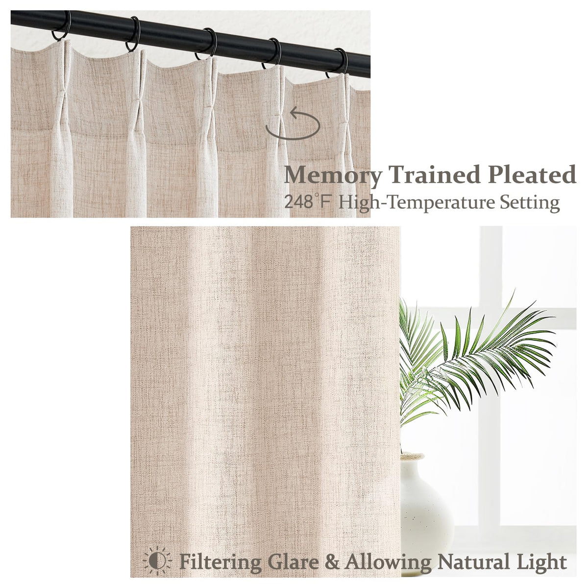 PleatedDrapes memory pleat close-up showing lasting drape.
