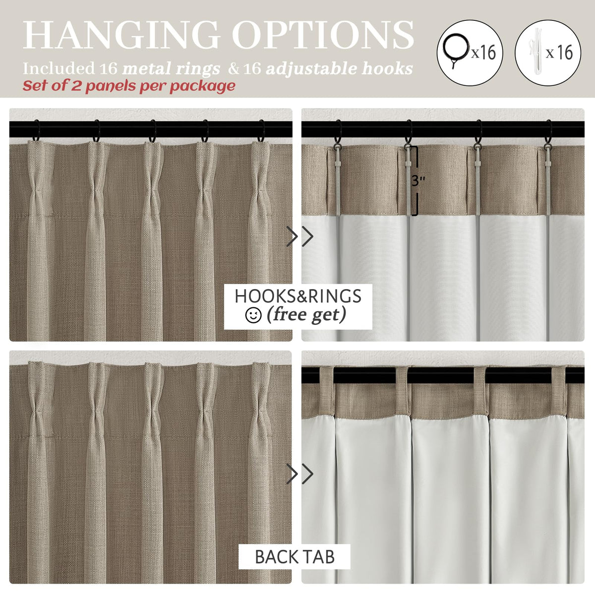 PleatedDrapes versatile hanging options suitable for back tab, track, or clip.