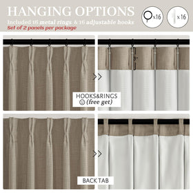 PleatedDrapes versatile hanging options suitable for back tab, track, or clip.