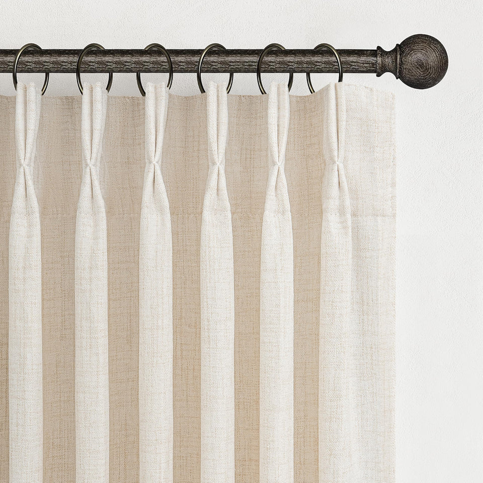 PleatedDrapes pinch-pleated linen curtains close-up showing durable, soft fabric and refined pleats