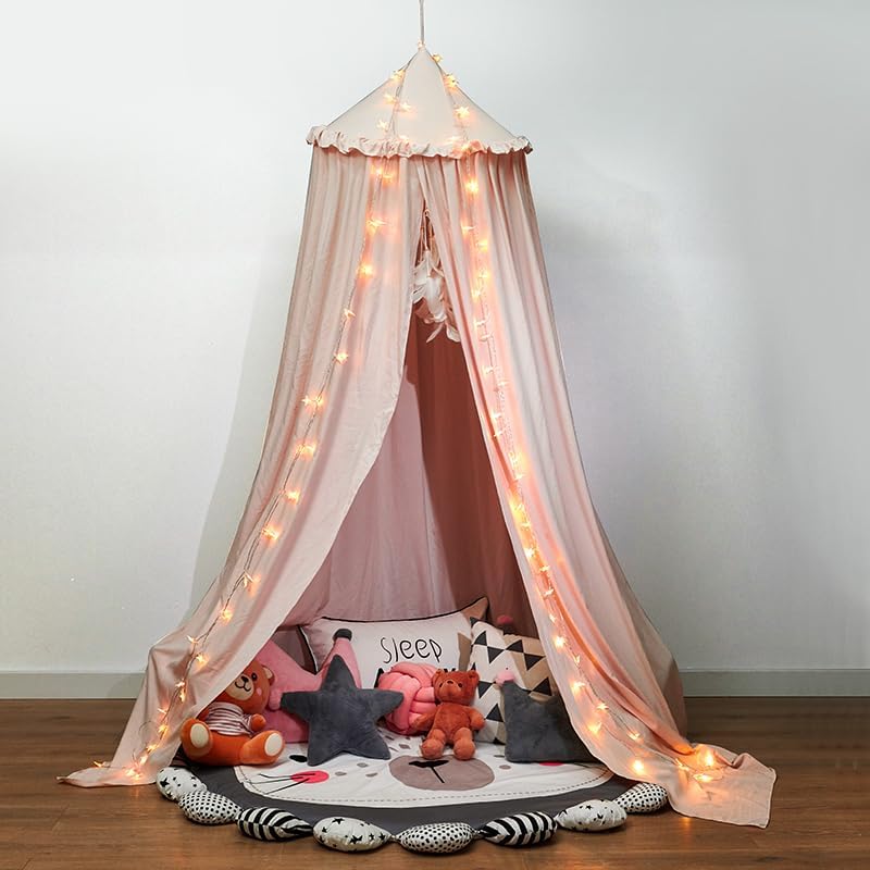 PlentiVive bed canopy pink room decor brightens a girl's space.
