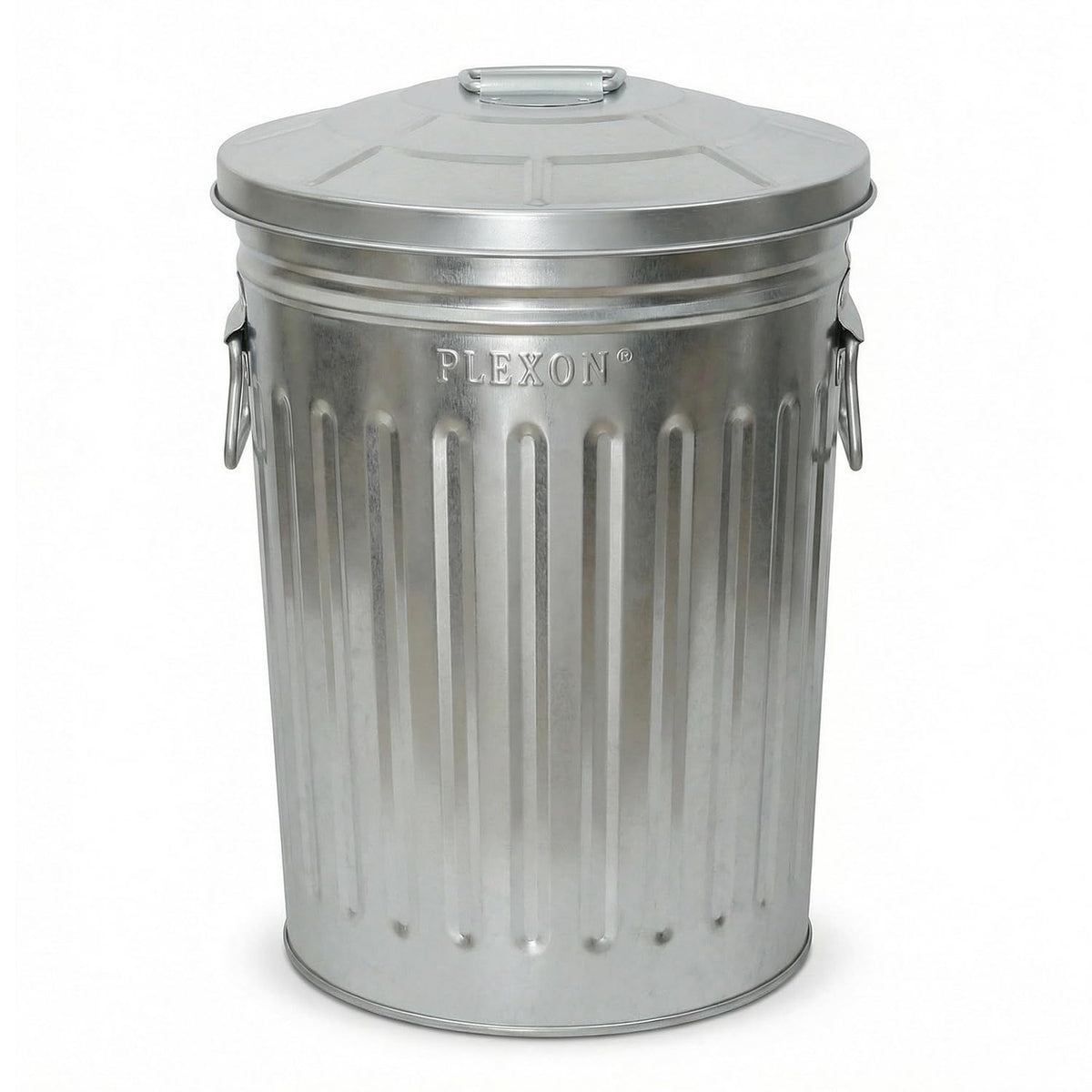 Plexon 2-gallon galvanized trash can with lid for compact bathroom spaces.
