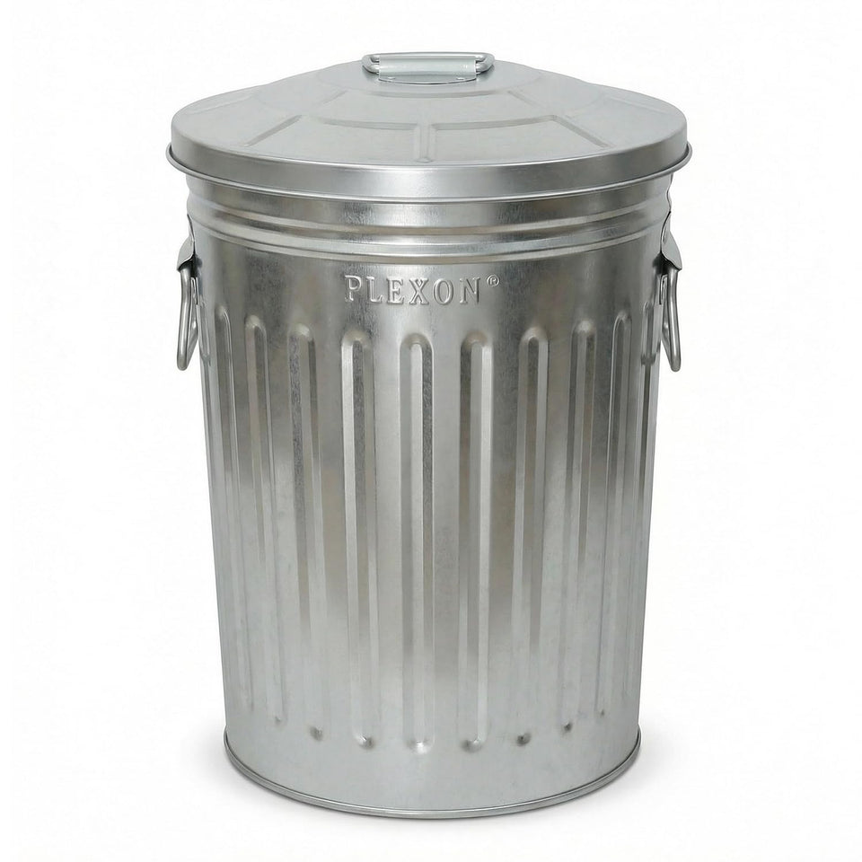 Plexon 2-gallon galvanized trash can with lid for compact bathroom spaces.