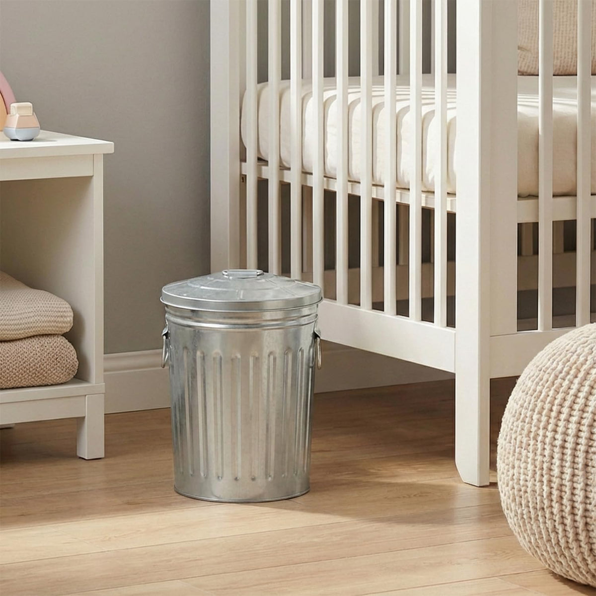 Plexon office desk trash bin with lid for tidy workspaces.