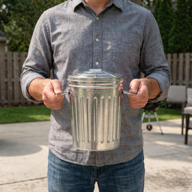 Plexon round metal trash bin with lid keeps bathroom odors contained.