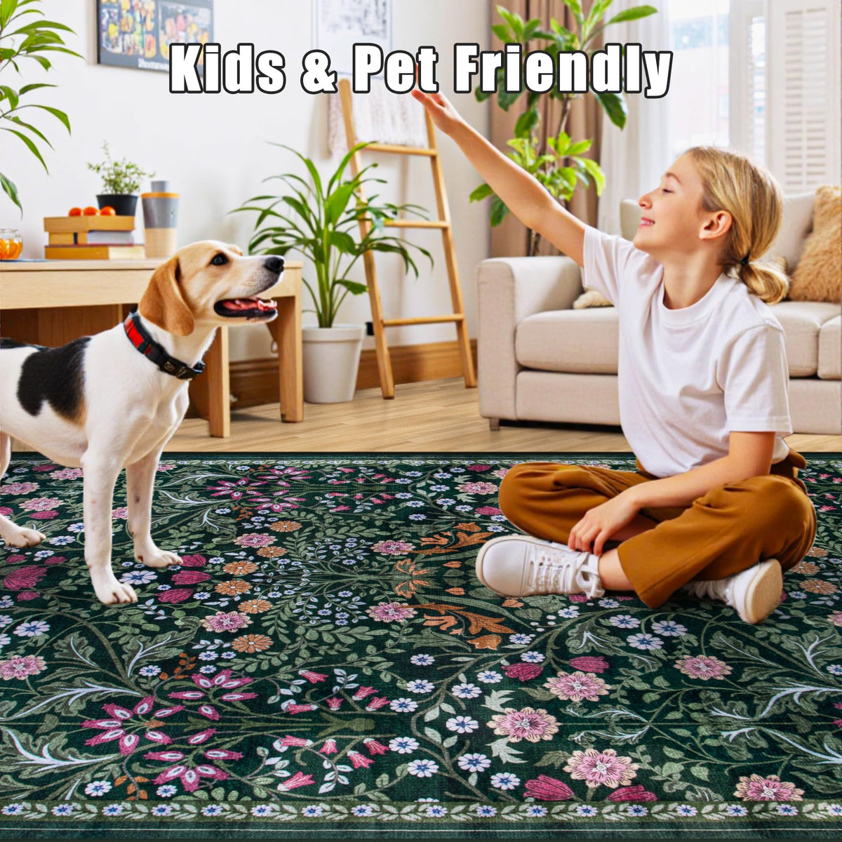 Dark green floral rug complements vintage and modern interiors