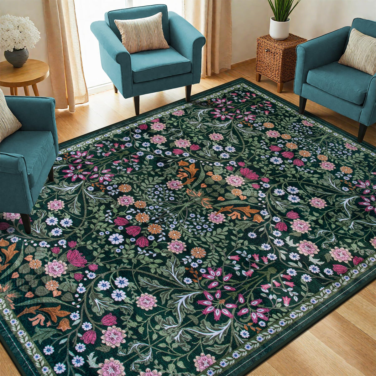 Close-up of PLHXFR floral rug showing intricate petals and color depth