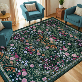 Close-up of PLHXFR floral rug showing intricate petals and color depth