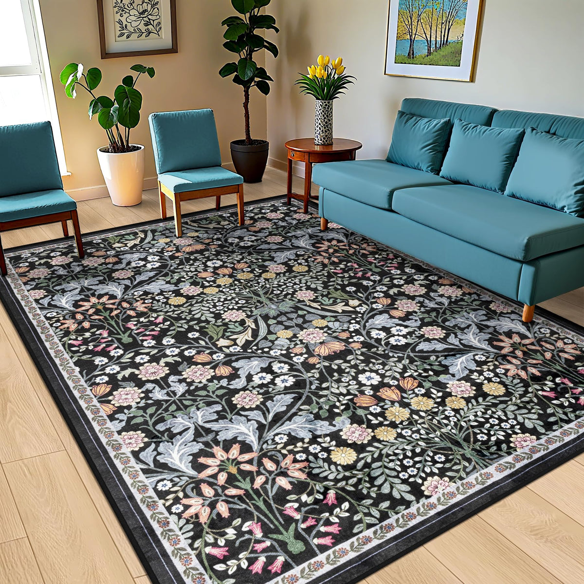 PLHXFR 8x10 floral rug in the bedroom adds cozy style and quiet ambiance.