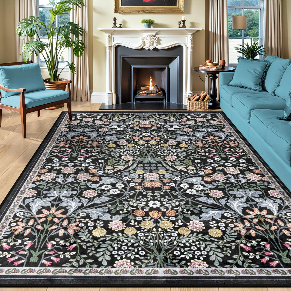 PLHXFR 8x10 floral rug in the living room offers warm, soft underfoot comfort.