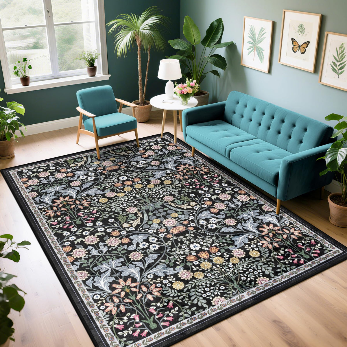 PLHXFR Floral 5x7 Area Rug in dark black with vibrant blooms for living rooms.