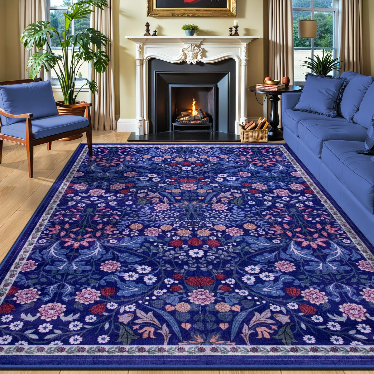 PLHXFR floral blue rug with bold petals enhances living room ambiance