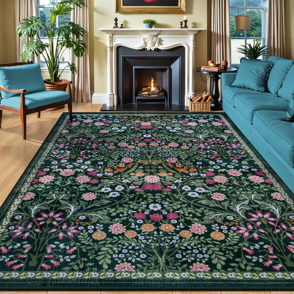 PLHXFR floral rug 8x10 in dark green enhances living rooms with vibrant botanical charm.