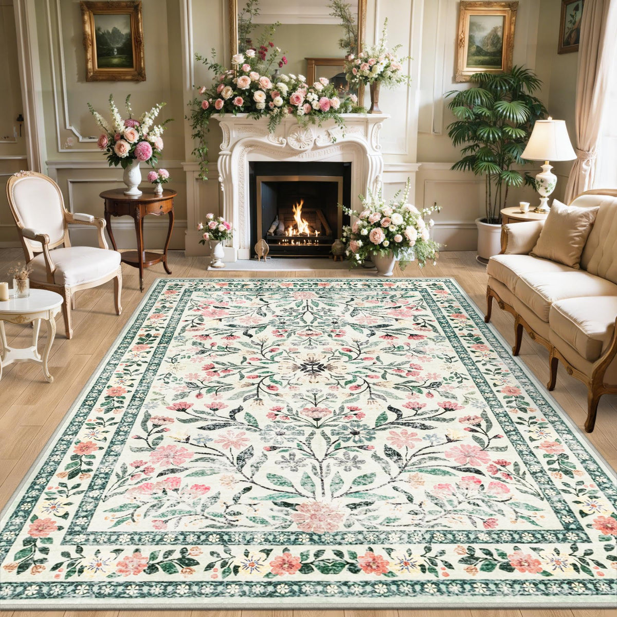 PLHXFR floral rug 8x10 front view, washable and easy-care for daily living