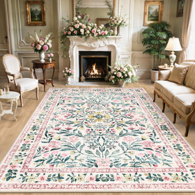 PLHXFR floral rug 8x10 in pink and green with soft underfoot comfort.
