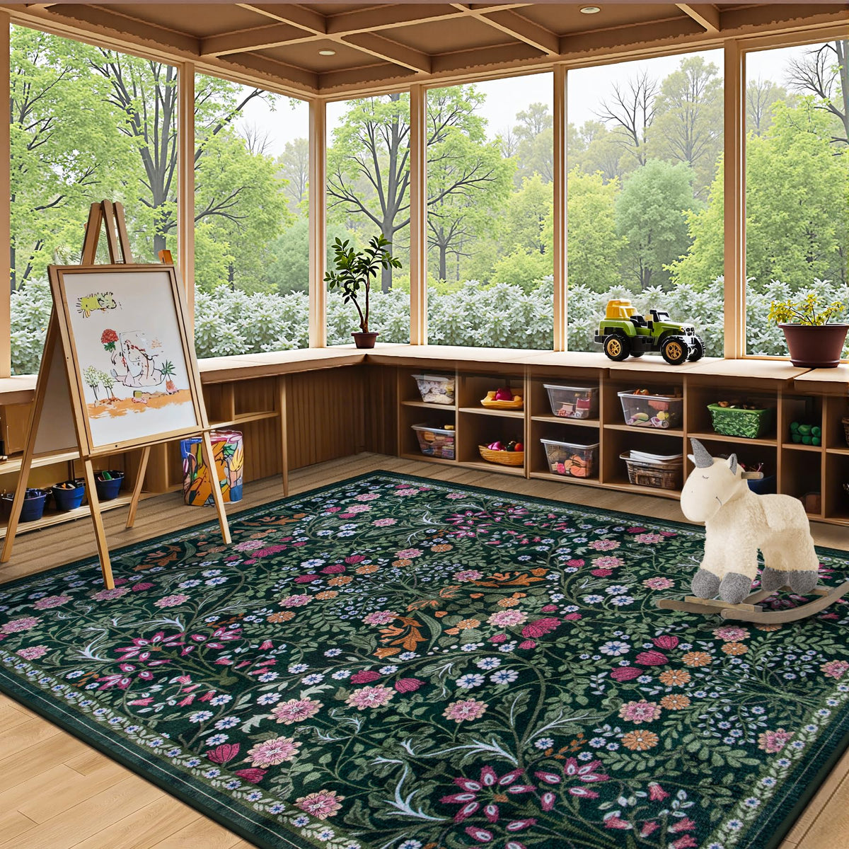 PLHXFR nursery floral green rug for kid friendly comfort and safety