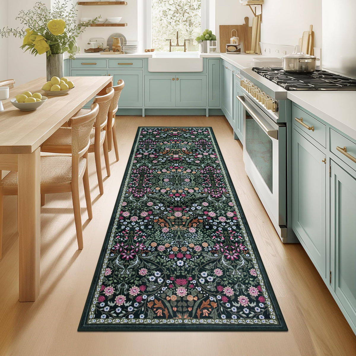 PLHXFR Runner Rug entryway floral dark green closeup showing durable pattern.