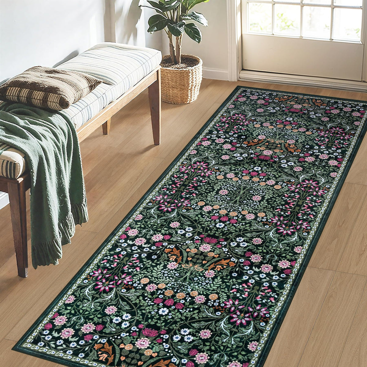 PLHXFR Runner Rug machine-washable fabric highlights easy cleanup.